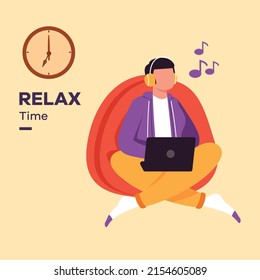 Happy young boy listening and relaxing with music at 7 pm. Activity time  vector illustration.