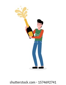 Happy young boy opens champagne. Happy birthday, Christmas and New Year symbol. Flat vector cartoon modern illustration.