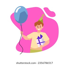 Happy young boy in party hat holding gift box and blue balloon flat style, vector illustration isolated on white background. Decorative design element, celebration and party, positive emotions