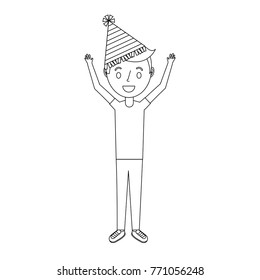 happy young boy with party hat arms up