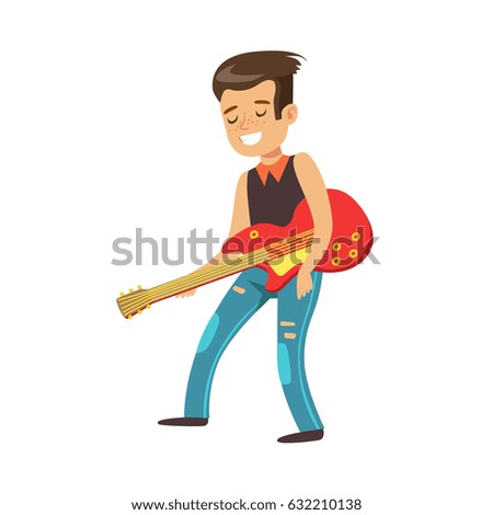 Happy young boy playing guitar. Colorful character vector Illustration