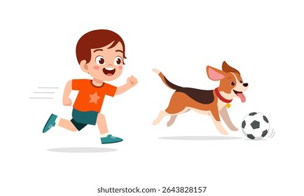 Happy Young Boy Playing Soccer with His Dog, Running Together with Smiling Face in Cartoon Style