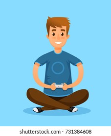 Happy young boy playing video game with joystick on game console. isolated vector illustration