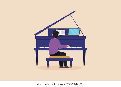 Happy young boy playing and watching a piano tutorial video while seeing a piano notes. Virtually concept. Flat vector illustration. 