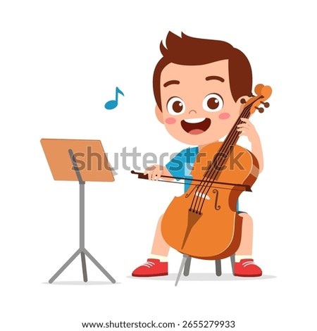 Happy Young Boy Plays Cello While Smiling and Looking at Music Sheet Stand Illustration