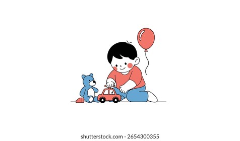 A happy young boy plays with his toys on the floor a red balloon floats above his head