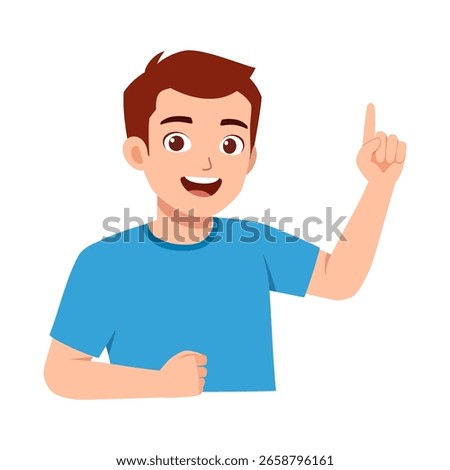 Happy young boy pointing finger up with cheerful expression in cartoon style illustration