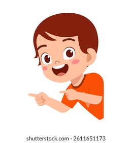 Happy Young Boy Pointing Fingers at Something with Joyful Smile in Cartoon Illustration