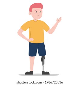 Happy Young Boy With A Prosthetic Leg Vector Isolated. Illustration Of A Child Wearing A Prosthesis. Handicapped Person, Kid With Artificial Limb.