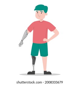 Happy young boy with prosthetic leg and arm vector isolated. Illustration of a child wearing a prosthesis. Handicapped person, kid with artificial limbs. svg
