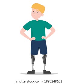 Happy Young Boy With Prosthetic Legs Vector Isolated. Illustration Of A Child Wearing A Prosthesis. Handicapped Person, Kid With Artificial Limbs.