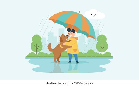 Happy young boy in a raincoat hugging his pet dog under a colorful umbrella in a park while it rains outside.