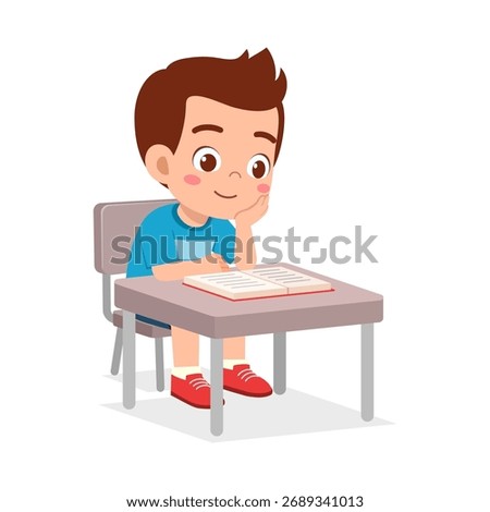 Happy Young Boy Reading Book at Desk in Classroom Illustration Learning Education