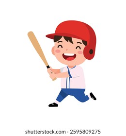 A happy young boy in a red baseball cap swings a wooden bat, displaying excitement and enthusiasm, embodying the spirit of play during a sunny day.