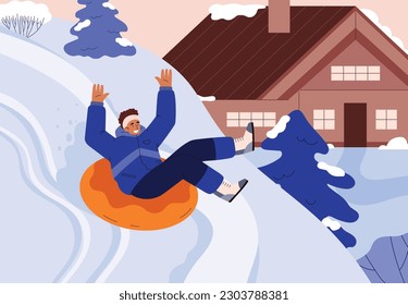 Happy young boy rides down mountain flat style, vector illustration. Winter season, emotional character enjoy holiday travel, fun and active leisure. Landscape and wooden house