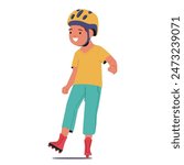 Happy Young Boy Rollerblading While Wearing A Helmet. Child Character In Casual Clothing And Roller Skates, Depicting Fun And Safety During Outdoor Activities. Cartoon People Vector Illustration