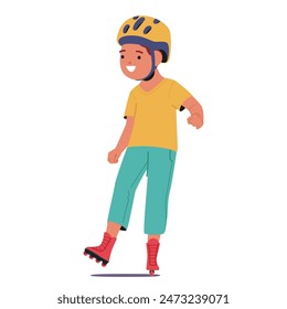 Happy Young Boy Rollerblading While Wearing A Helmet. Child Character In Casual Clothing And Roller Skates, Depicting Fun And Safety During Outdoor Activities. Cartoon People Vector Illustration