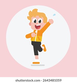Happy Young Boy Running, Celebrating, Cartoon Style