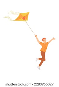 Happy young boy running and jumping with flying kite flat style, vector illustration isolated on white background. Outdoor activity, fun and leisure, emotional character