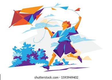 Happy young boy running with a kite - Vector illustration