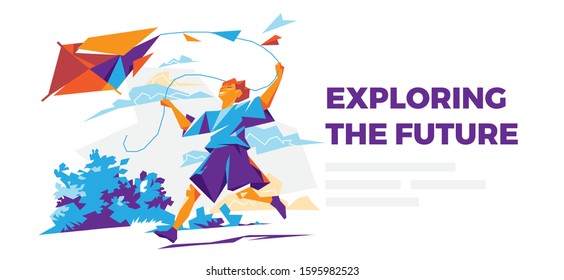 Happy young boy running with kite - Vector illustration