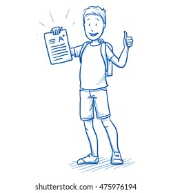 Happy young boy with school bag and an A+ exam or test in his hand. Hand drawn cartoon doodle vector illustration.