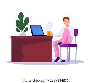 Niño feliz sentado en el lugar de trabajo en posición cómoda de estilo plano, ilustración vectorial aislada en fondo blanco. Elemento de diseño decorativo, estilo de vida independiente