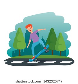 happy young boy in skateboard in the road