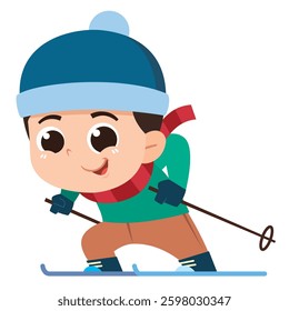 Happy Young Boy Skiing in Winter. A cheerful young boy is skiing on a snowy slope, dressed in warm winter clothing, including a blue beanie, scarf, gloves, and a green jacket