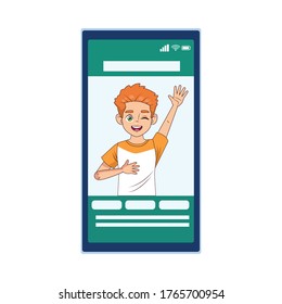 happy young boy in smartphone avatar character vector illustration design