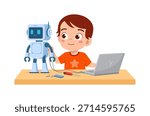 Happy young boy smiling and learning robotics building a cute robot with laptop and tools on a desk