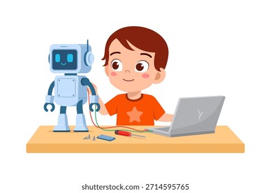 Glücklicher kleiner Junge, der lächelt und Robotik lernt, einen süßen Roboter mit Laptop und Werkzeugen auf einem Schreibtisch baut