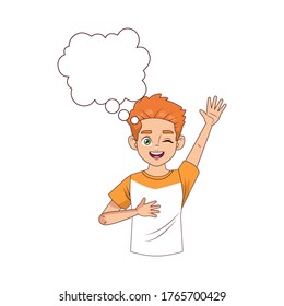 happy young boy with speech bubble avatar character vector illustration design