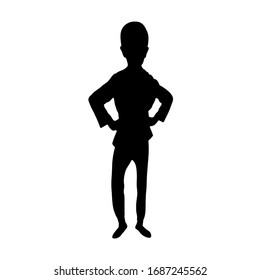 Happy young boy standing. Silhouette dancing boy. Flat vector isolated for you design. Cute character. Black and white illustration.