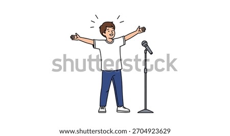 A happy young boy stands triumphantly at a microphone with his arms wide open ready to sing or give a speech on stage.