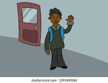Happy young boy student. Hello hand, isolated on white background - cartoon male (guy) character for avatar or placeholder in vector illustration. Man for comics.