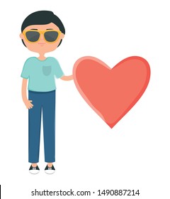 happy young boy with sunglasses and heart