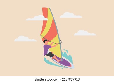 Happy Young boy surfing in beach. Summer Party. Vector illustration.