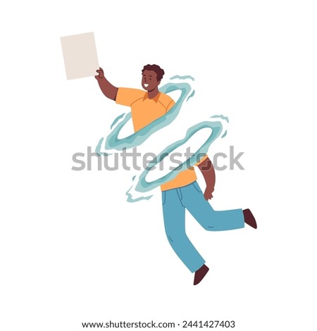 Happy young boy using blue portal or teleport to deliver letter flat style, vector illustration isolated on white background. Decorative design element, space or time travel, futuristic technologies