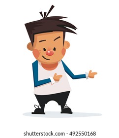 Happy young boy vector illustration. Boy point to the right. Cute boy in cartoon style