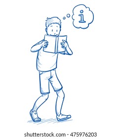 Happy young boy walking while reading an interesting book. Hand drawn cartoon doodle vector illustration.