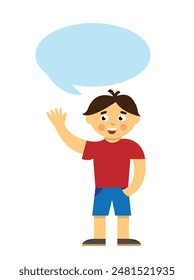 Feliz niño joven que ondea y sonríe con la burbuja del habla. Personas y emociones concepto Arte vectorial