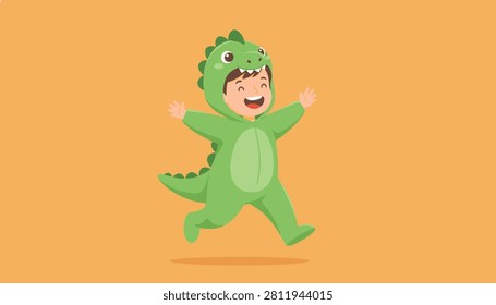 Happy young boy wearing a green dinosaur costume jumps with joy against a solid orange background during a Halloween celebration.