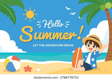 A happy young boy wearing a straw hat sits on the sand with a surfboard and beach ball under a bright blue sky with palm trees and a smiling sun