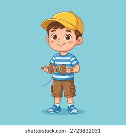Ein fröhlicher Junge mit gelber Mütze und gestreiftem Hemd steht mit einer Drachenkette da.