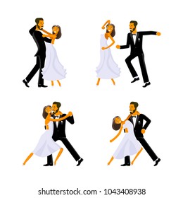 Happy young bride and groom are dance on their wedding day. Concept for the studio, wedding dance lessons. Vector illustration 