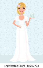 Happy young bride posing with a gift box in her hand
