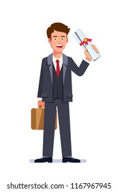 Happy young business man briefcase and holding diploma or certificate scroll with red ribbon seal. Graduate person. Successful qualification and education. Flat vector illustration isolated on white