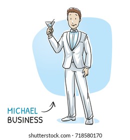 Happy young business man in a dinner jacket and drink in his hand. Hand drawn cartoon sketch vector illustration, whiteboard marker style coloring. 