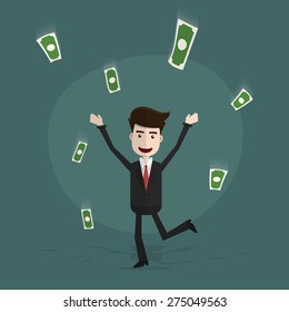Happy young business man enjoying money rain,Business character pose,Vector EPS10.